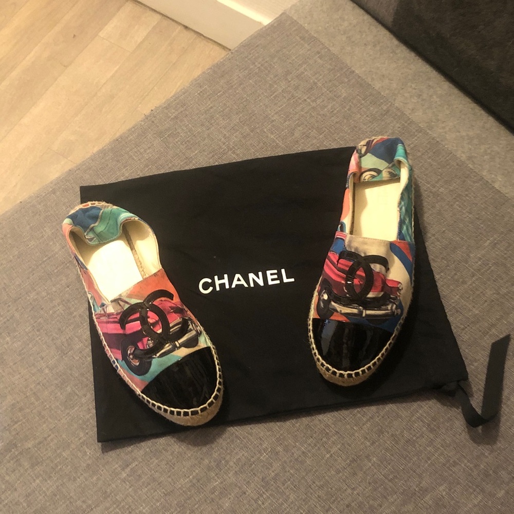 CHANEL Multicolor Canvas Espadrilles with Black Patent Cap Toe
